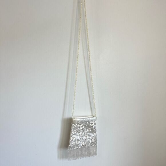 Vintage Handmade White Beaded Floral Fringe Boho Crossbody Bag Purse Bridal - Picture 10 of 16